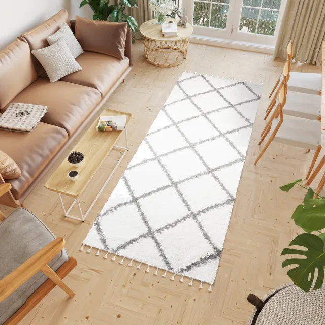 Tapiso Boho Loper Beige Kwastjes Modern Hoogpolig Woonkamer Vloerkleed Creme Grijs