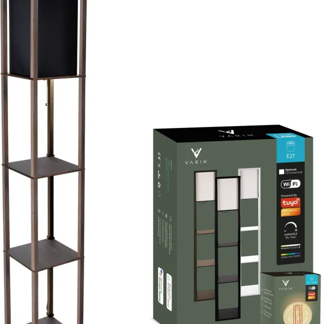 Varin Vloerlamp met vakken - Donker bruin met zwarte kap - Met E27 Led lamp - Dimbaar - Witlicht RGB - Smart Lamp Tuya wifi - Slimme staande lampen - Sfeerlamp - Vakkenkast - Lamp industrieel - Vloerlampen - Verlichting woonkamer, keuken slaapkamer Bruin frame + zwarte kap