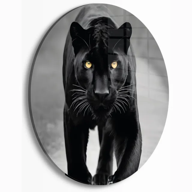 Myfinto Indoorart - Muurcirkel Zwarte Panter gele ogen Plexiglas 90 cm - Wanddecoratie - Afbeelding op Plexiglas - Inclusief ophangplaat zwart, wit, geel
