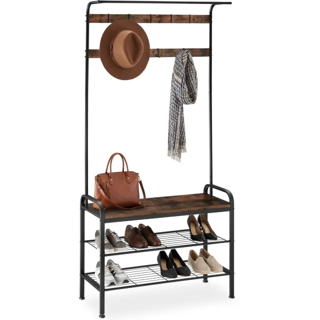Tectake Kapstok met houten zitting - Kapstok met 9 haken - Inclusief schoenenrek met 2 roosterplanken - Industrieel design - Zwart metalen frame - Afmeting (LxBxH) 85,5 x 36 x 184 cm - Donkerbruin