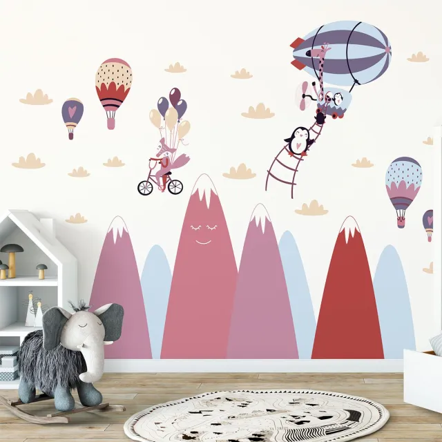 Ambiance Sticker Scandinavische bergstickers met vrij vliegende dieren, 90 x 135 cm Multi color