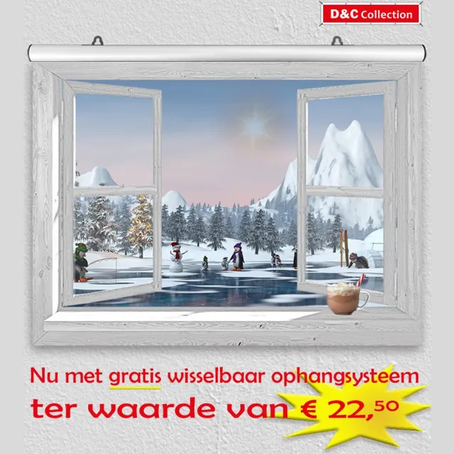 D&C Collection Kerst poster - 60x45 cm - doorkijk - wit venster met winterlandschap en spelende pinguins - winter poster - kerst decoratie - tuindoek wit, blauw