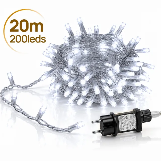 LAPAMAX LED Lichtsnoer - Kerstverlichting 20 m 200 LEDs Wit - Met Tail Plug - 31 V Laagspanning met Timer, Geheugen en 8 Lichtstanden - Kerstboomverlichting met Adapter en 3 m Aanloopsnoer