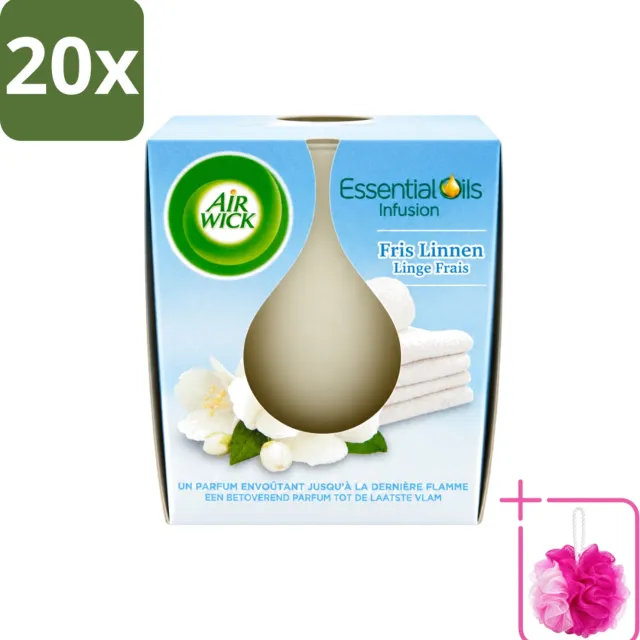 Air Wick 20 x Air Wick – Geurkaars – Fris Linnen met Essentiële Oliën – 105 g - Bulkverpakking - Geurkaars - Douchemop - Fris linnen Wit