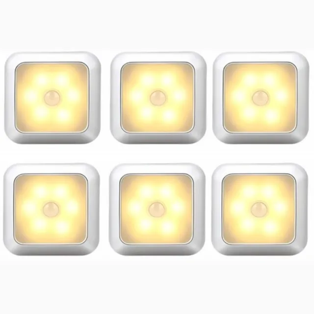 GelldG 6 stuks LED Nachtlamp met Bewegingssensor - Warm Wit - Op Batterij - Draadloos - Kastverlichting - Trapverlichting - Nachtlampje - Plastic - 80x80x20mm - Geschikt voor Kasten en Trappen - Energiebesparend en Elegant