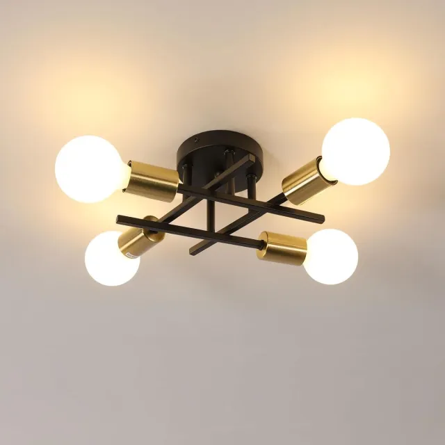 Riserva Plafondlamp - Industrieel Vormvrij - Zwart‑Goud IJzer - 4‑Voudig E27 Max 60W Zonder Lampen