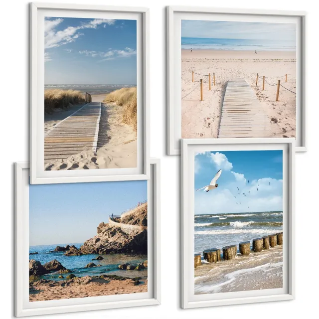 TULUP 4-Delige Schilderij Set - Strand met zand, golven, lucht en vogels in de lucht. - 40x40 en 40x60 - Muurdecoratie - Schilderijen Set - Woonkamer - Woonkamer Decoratie Witte lijst