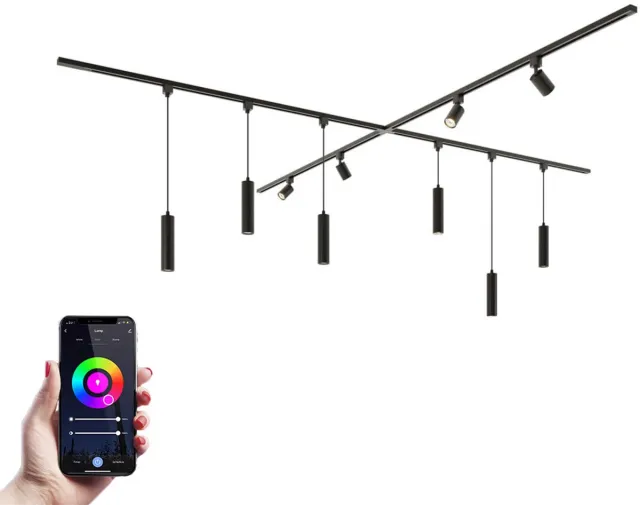 HOFTRONIC railverlichting pakket X-vorm – 4x 1,5 meter rails – 4 railspots 6 hanglampen – RGBWW GU10 dimbaar – aluminium zwart – IP20 – modulair – 230V – slimme verlichting woonkamer keuken