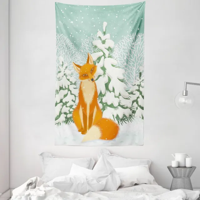 New Bed Vos Rode Vos Winterbos Kerst Decoratieve Wandtapijt, Stoffen Wanddecoratie voor Slaapkamer Woonkamer Studentenkamer, 140cm x 230cm Amandel Groen, Oranje