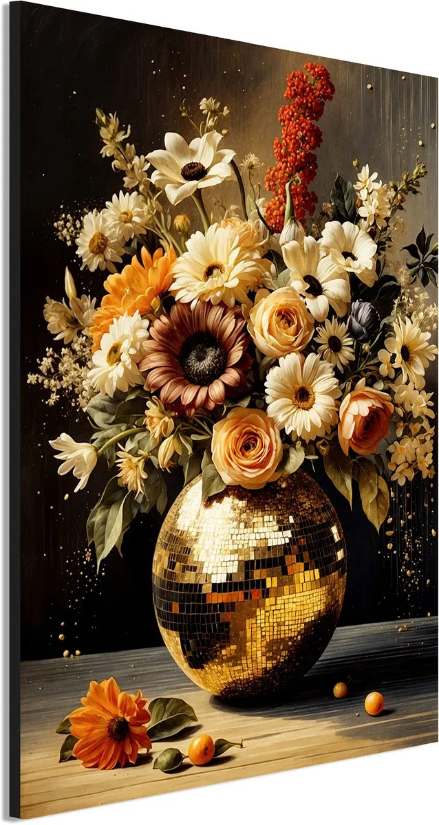 De Online Drukwinkel Wanddecoratie Metaal - Aluminium Schilderij Gouden bloemendroom - 30 x 20 cm - Bloemstuk - Muurdecoratie woonkamer en slaapkamer - Inclusief ophangsysteem - Klassiek - Modern - Displate alternatief