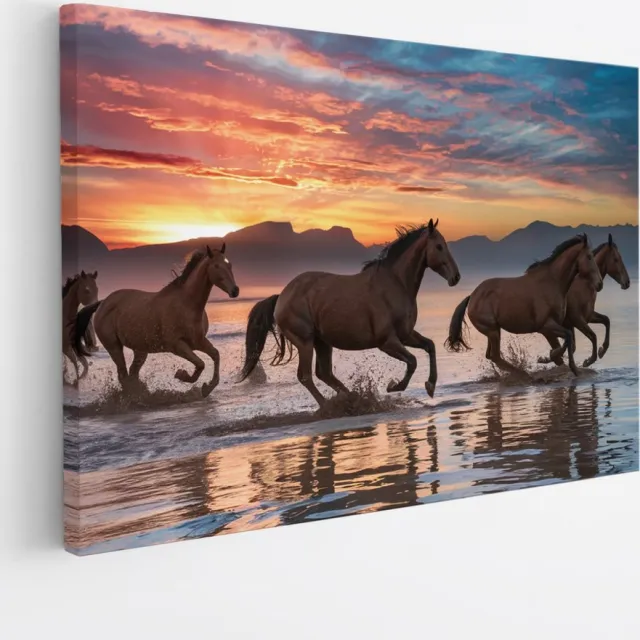 Saammp Canvas Schilderij -Groep paarden In het water tijdens zonsondergang- Dieren - Natuur - 45x30 - Foto op canvas - Wanddecoratie - muurdecoratie Woonkamer - Slaapkamer decoratie - Canvas Print Multicolor