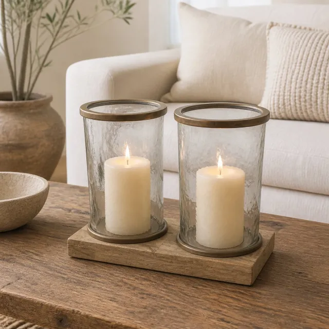 Hoppa! Dubbel Windlicht op Houten Voet - Naturel/Antiek Messing - 38 x 19 x 28 (B x D x H)