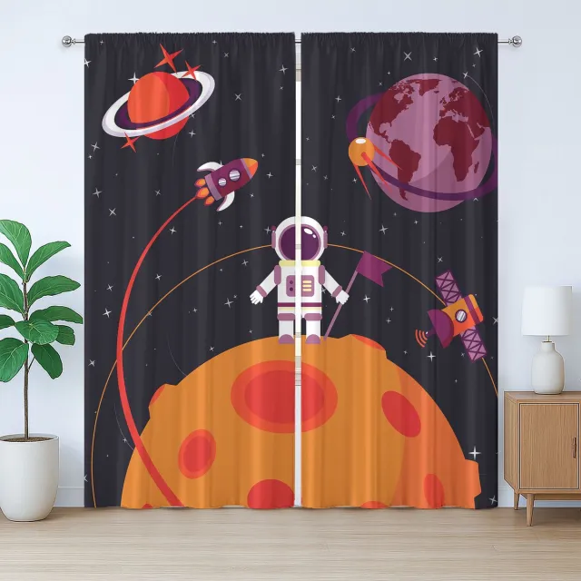 ABAKUHAUS Rustiek Gordijn, Astronauten Maanraketten, Geplooid Gordijn voor de Slaapkamer met Lussen en Haken, 280 x 260 cm, Multicolor