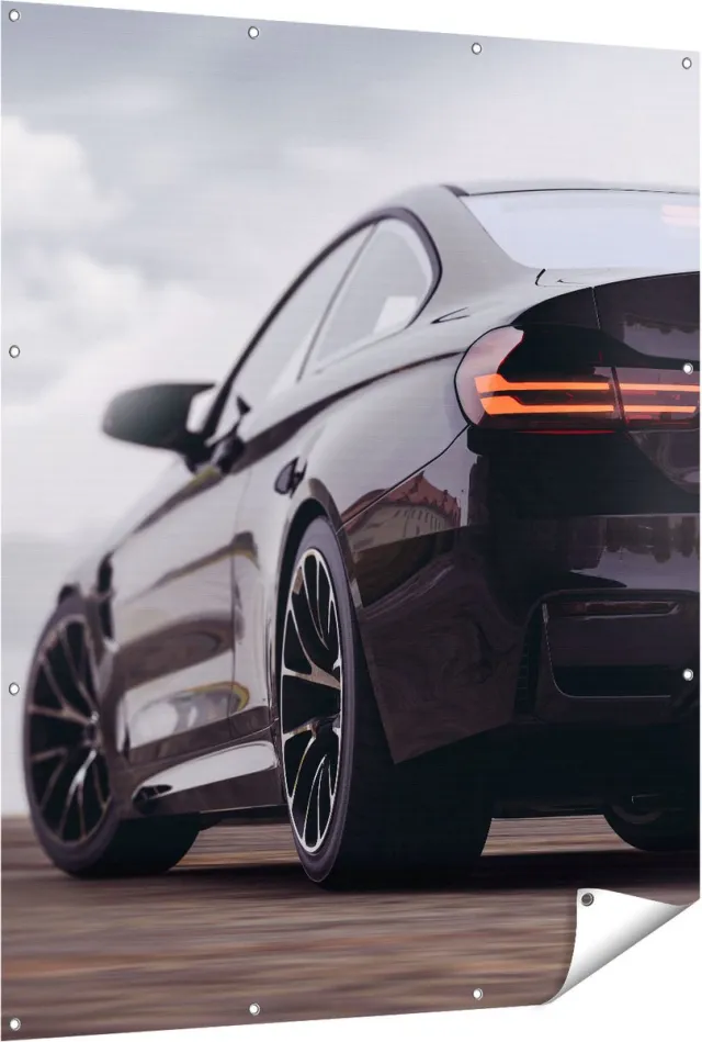 Gards Tuinposter Zwarte Sportwagen Auto van Achter - 120x150 cm - Tuindoek - Tuindecoratie - Wanddecoratie buiten - Tuinschilderij Multikleur