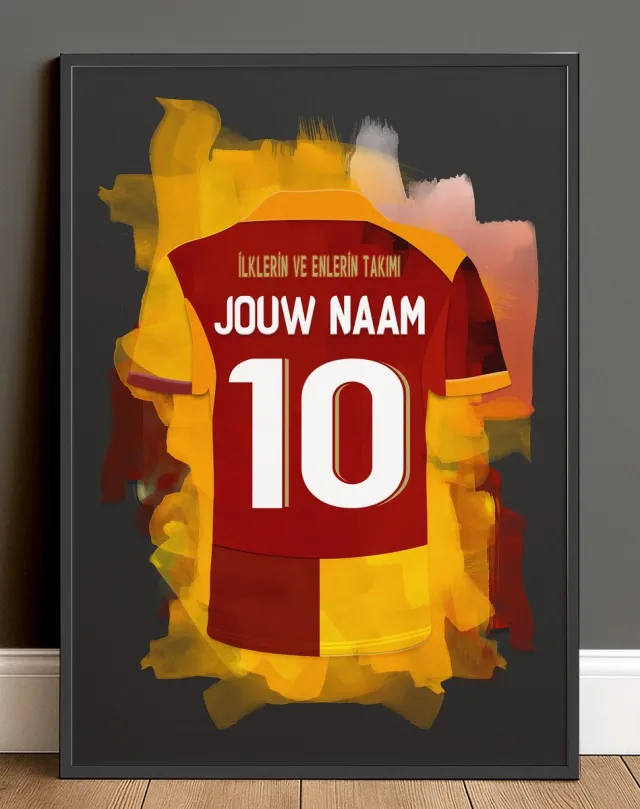 Galatasaray SK Voetbal Poster Gepersonaliseerd - Inclusief Zwarte Lijst - Formaat A4 (21 x 29,7 cm) - Rood Geel Wit - Voetbalcadeau met Naam & Rugnummer - Wanddecoratie Fans Donkergrijze achtergrondkleur