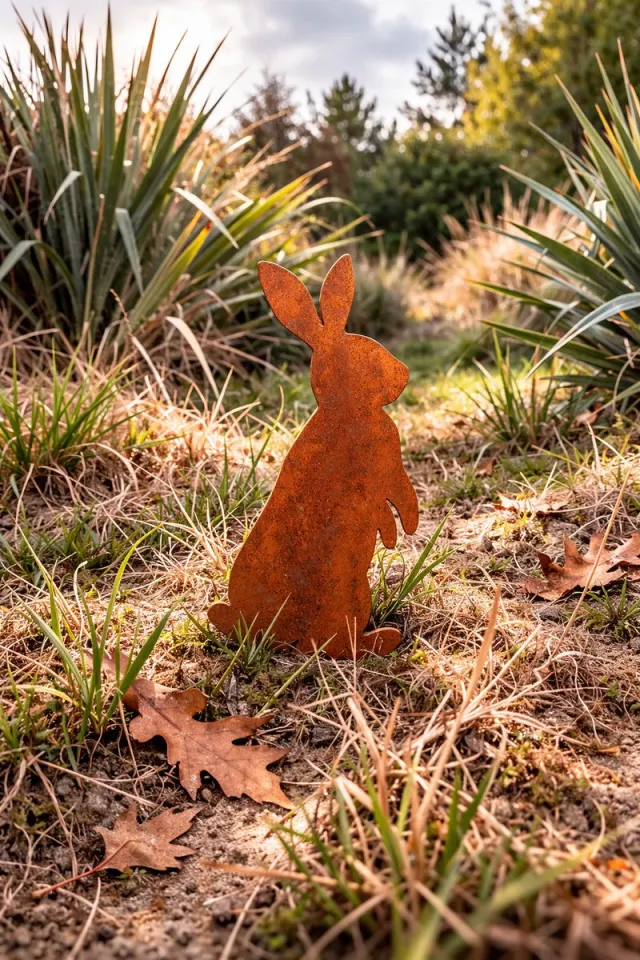Passie voor Staal Roestig Konijn - Tuindecoratie – Tuinornament - Cortenstaal - Metalen Silhouet voor in de grond – Lokaal Geproduceerd - Grondprikker - Tuinprikker Bruin/Roest