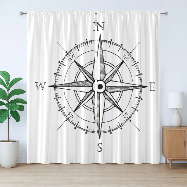 ABAKUHAUS Rustiek Kompasgordijn, Windroos, Slaapkamergordijn met plooien en haken, 280 x 245 cm, Wit Zwart