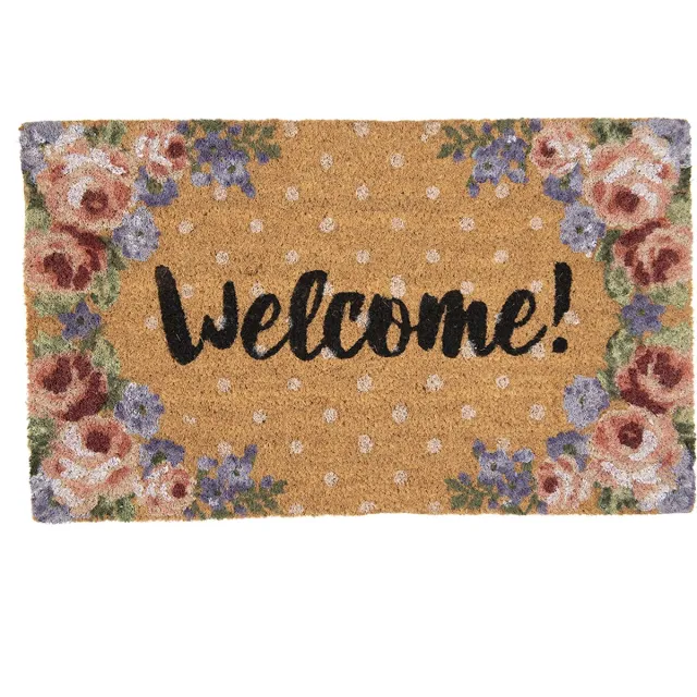 Clayre & Eef Deurmat 75x45 cm Bruin Kokosvezel Pvc Rechthoek Bloemen Welcome Kokosmat