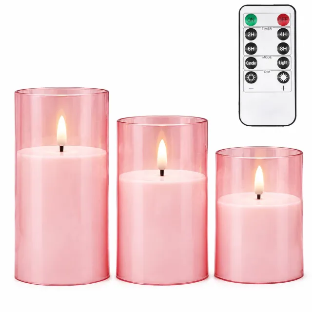 SWGOTA led kaarsen, 3 stuks per doos, roze cilindervorm, met afstandsbediening en timeropties, voor kerst- en bruiloftsdecoratie