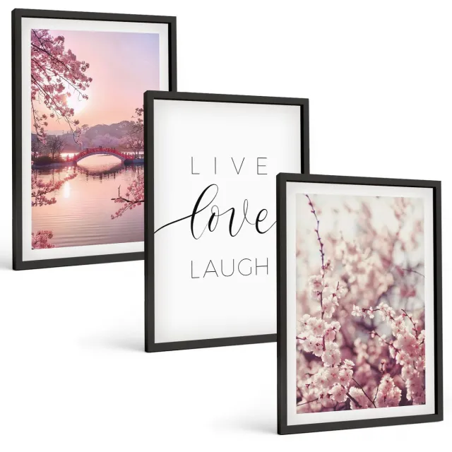 TULUP 4-Delige Schilderij Set - Bloemmotieven met een brug en een inscriptie - 40 x 60 cm - Decoratieve Schilderijen - Wanddecoratie - Hal - Moderne Wanddecoratie Zwarte lijst