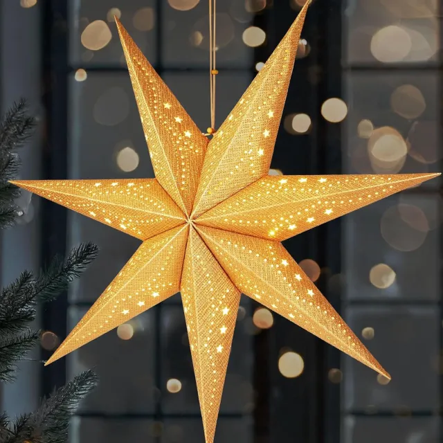 Brubaker 3D Kerstster om op te Hangen - LED Papieren Ster met Timer - 60 cm Adventster met Modern Patroon - Werkt op Batterijen en Verlicht - Kerstdecoratie Lichtster voor Venster - Goud Goud ster +grof patroon