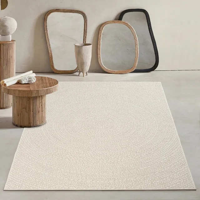 Mia´s Teppiche Mia’s Teppiche Soil – robuust in- & outdoor vloerkleed met natuurlijk cirkelpatroon, weatherproof & UV-bestendig, crème cirkel 160 x 230 cm crème met cirkelvormig visgraatpatroon