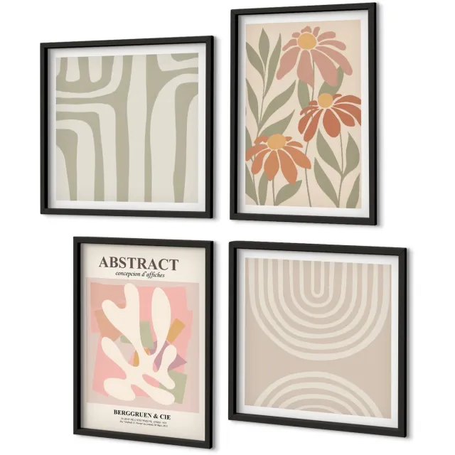 Coloray 4-Delige Schilderij Set - Abstracte Vormen Met Plantmotieven In Pastelkleuren. - 40 x 40 cm En 40 x 60 cm - Decoratieve Schilderijen - Woonkamer - Interieur Zwarte lijst