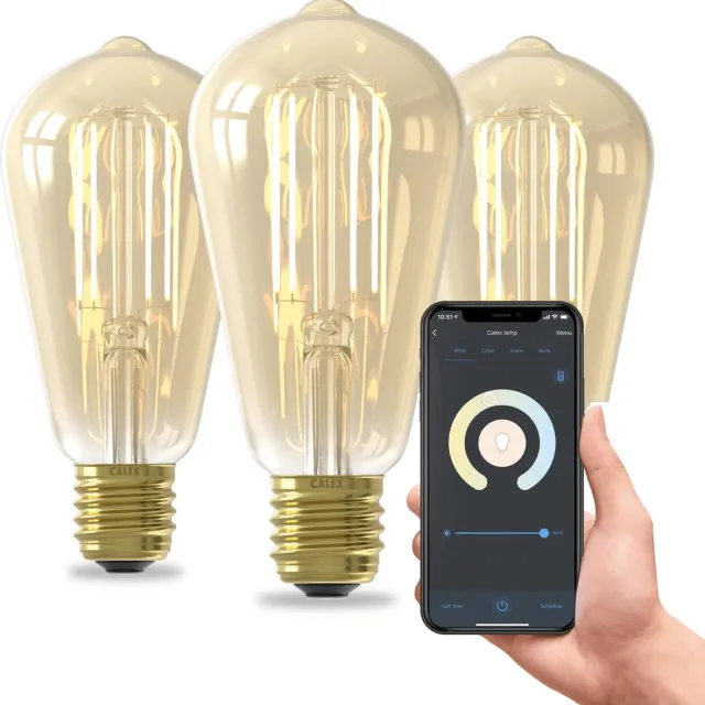 Calex Slimme Lamp - Set van 3 stuks - Wifi LED Filament Verlichting - E27 - Rustiek Smart Lichtbron Goud - Dimbaar - Warm Wit licht - 7W