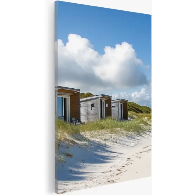 Saammp Canvas Schilderij - Strand Huisjes - Zee - Duinen - 60x90 - Foto op canvas - Wanddecoratie - muurdecoratie Woonkamer - Slaapkamer decoratie - Canvas Print Multicolor