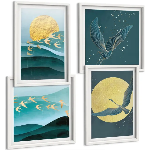 Coloray 4-Delige Schilderij Set - Stijlvolle Abstracte Landschappen Met Vogels - 40 x 40 En 40 x 60 - Stijlvolle Wanddecoratie - Interieur - Muurdecoratie Witte lijst