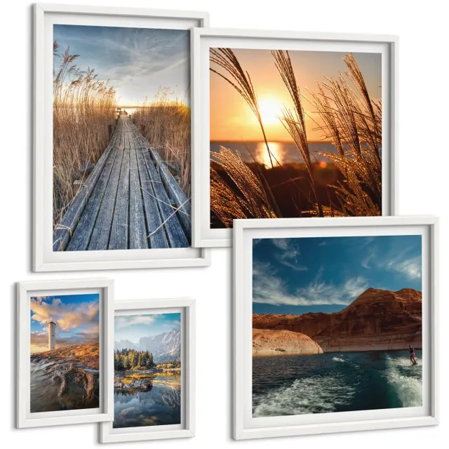TULUP 4-Delige Schilderij Set - Natuurlijke landschappen met water en vegetatie langs het pad. - 50 x 50 cm, 20 x 30 cm en 40 x 60 cm - Moderne Wanddecoratie - Woonkamer Witte lijst