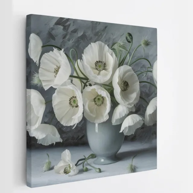 Saammp Canvas Schilderij - Witte Bloemen in Grijze Vaas - Abstract - 60x60 - Foto op canvas - Wanddecoratie - Muurdecoratie Woonkamer - Kantoor Decoratie Multicolor