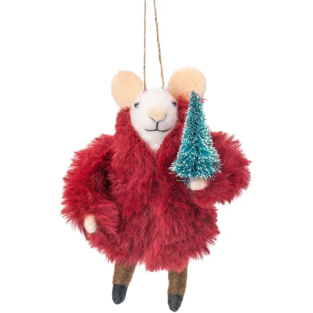 Sass & Belle Muis in bontjas vilten kersthanger - Sass & Belle rood
