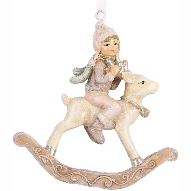 Clayre & Eef Kersthanger Hobbelpaard 8x3x9 cm Beige Roze Kunststof