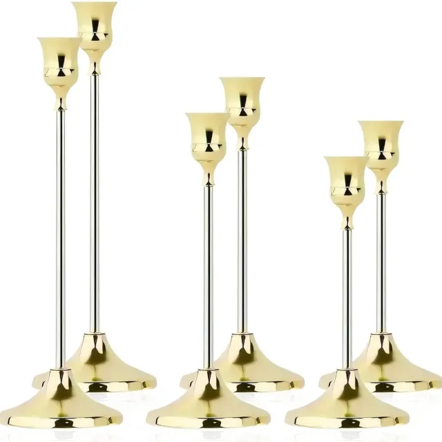 longziming Kandelaar Set - Gouden Kandelaar - Tafeldecoratie - Drie Verschillende Hoogtes - 16cm+19cm+22cm - Kandelaar in vintage-stijl - Rostvrij En Duurzaam - Veilige Verlichting Voor Gladde Oppervlakken - 6 Stuks