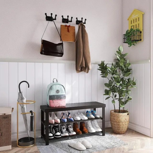 SMIBUY Bamboe Schoenenrek Bank, 86 x 28.5 x 45.5 cm, 3-Tier Schoen Organizer Opbergplank voor Hal Badkamer Woonkamer (Schwarz) Zwart