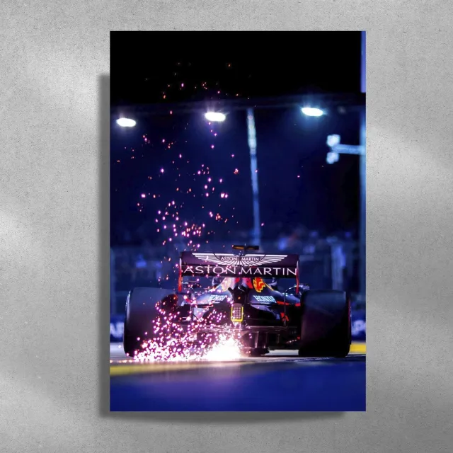 Luxe poster Max Verstappen actie - metalen poster - 40x60cm blauw