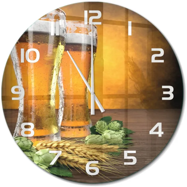 TULUP Wandklok - Twee glazen bier Wandklok Glas Met Motief - fi60 cm - Oranje Decoratieve Glazen Klok - Witte handen - Ronde Klok - Gekleurde Glazen Klok - Glazen Klok Met Print