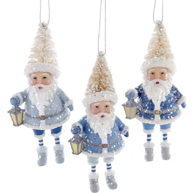 Kurt S. Adler Kerstornament - Kerstmannetjes met kerstboomhoed - set van 3 - blauw wit - 11cm