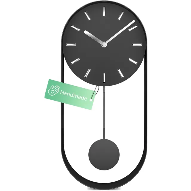 Mebus Moderne Pendelklok Grote Wandklok zonder tikkend geluid I Handgemaakt van metaal I Quartz uurwerk I 40 x 20 cm I Kleur Grijs Zwart