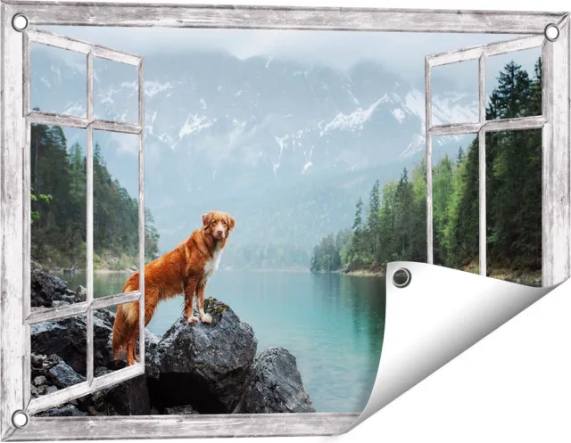 Gards Tuinposter Doorkijk Retriever Hond bij het Water in de Bergen - 60x40 cm - Tuindoek - Tuindecoratie - Wanddecoratie buiten - Tuinschilderij Grijs