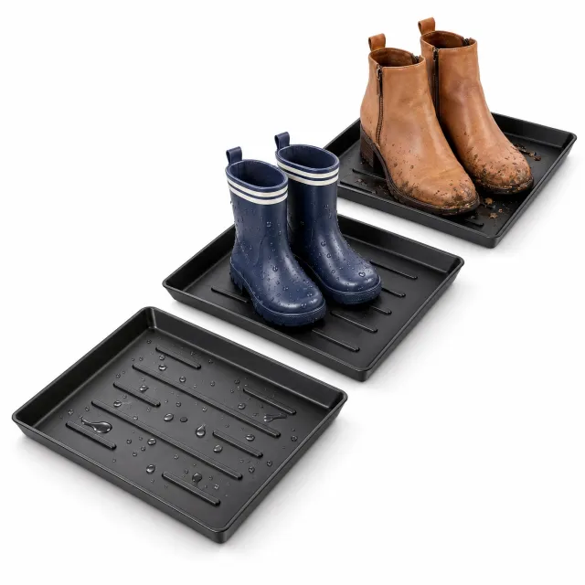 Cheqo Lekbak voor Schoenen en Laarzen Set van 3 - Afdruipmat met Profiel - Schoenenbak met Opstaande Rand - Schoenenmat - Laarzenmat - Schoenentray - Afdruipbak voor Binnen en Buiten - Schoenenschaal - Afdruipschaal - Laarzentray - Zwart
