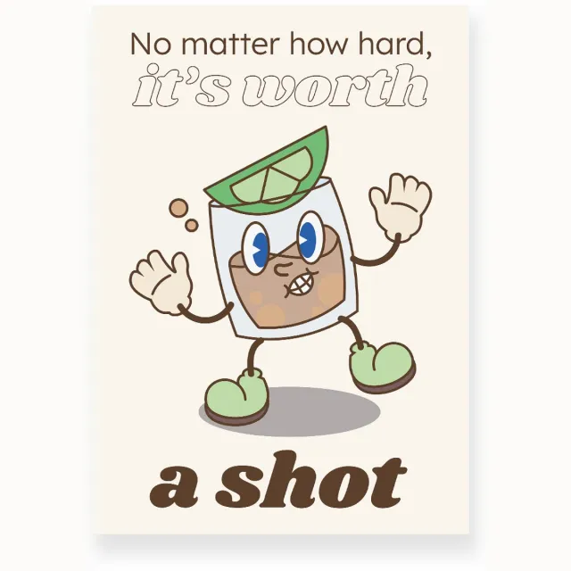 Yisual Aluminium plaat 30x40 cm - Poster - Dansend Shotglas - Illustratie - Groen - Beige - Cartoon - Motivatie - Muurdecoratie - Wanddecoratie