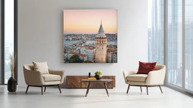 Trendex Global Vierkant Canvas Schilderij Istanbul Galata Toren - Stadsgezicht Zonsondergang - Luxe Wanddecoratie - 60 x 60 cm Kleurrijk