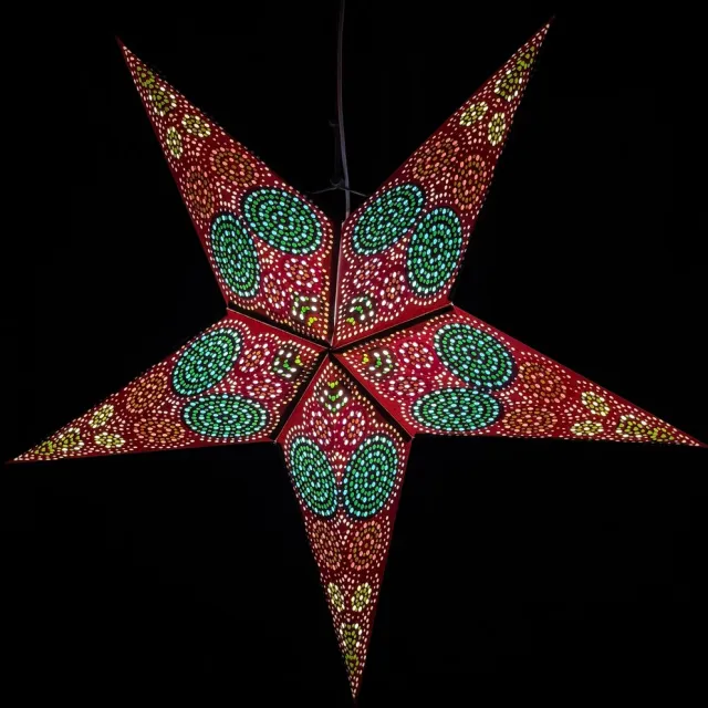 MoreThanHip Kerstster papier met verlichting - 60 cm diameter, 24 cm diep - Kerst ster voor binnen - Goa Multicolour Groen - FSC papier - Incl. USB-LED-verlichtingsset (5 m. snoer, schakelaar en bevestigingsclip) - Kerst Raam decoratie - Kerstversiering