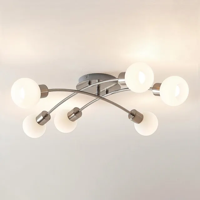 Lindby plafondlamp - 6lichts - Ijzer, glas - H: 18 cm - E14 - nikkel satijn, wit