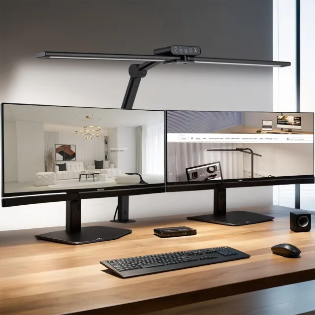 Rosnek LED Bureaulamp met Klem - Dubbele Architectenlamp Zwart - Dimbaar voor Breed Bureau - 2000lm Monitorlamp voor Meerdere Schermen - Leeslamp voor Thuiswerk - Werkbanklamp voor Studio en Hobby