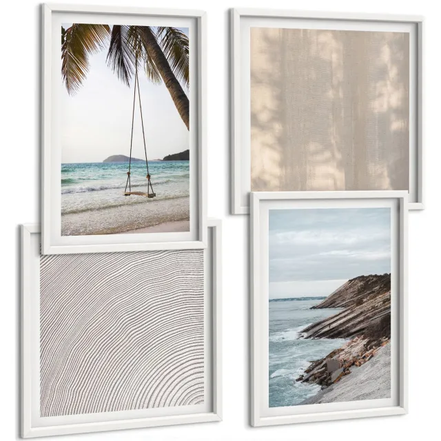 Coloray 4-Delige Schilderij Set - Zomers Zand En Uitzicht Op Zee Zomerse Landschappen - 40 x 40 En 40 x 60 - Decoratieve Muurdecoratie - Slaapkamer - Wanddecoratie Witte lijst