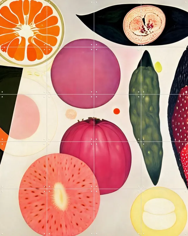 IXXI Surreal Feast, Artclaud - 80 x 100 cm - Grote wanddecoratie en posters - Surrealisme, Digitale Kunst, Abstract, Olieverf, Kleurrijk Oranje / Groen / Roze