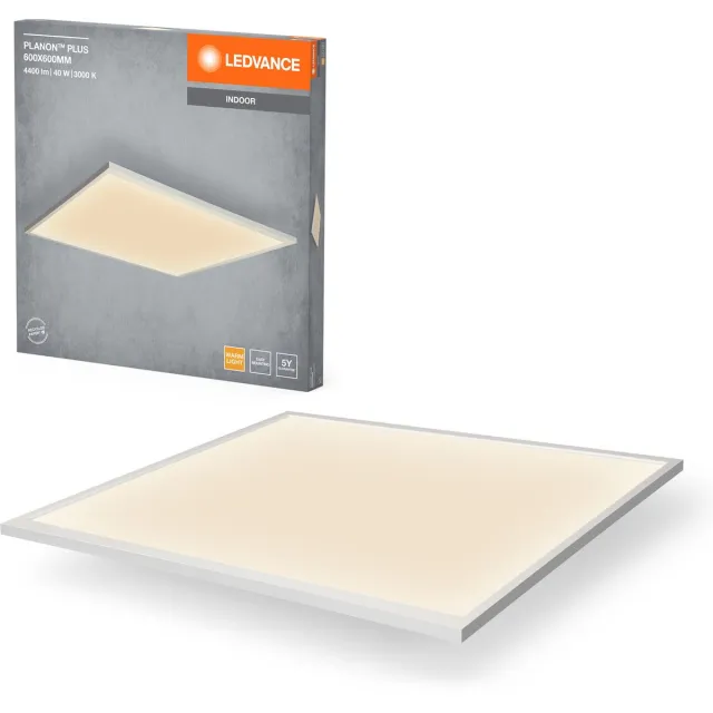LEDVANCE Planon Plus plafondlamp in wit met geavanceerde LED-technologie, 36 W, vierkante vorm (600 x 600 mm), warm witte lichtkleur bij 3000 K, aluminium behuizing, matte PMMA diffuser